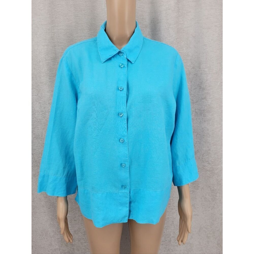 Linen Women's Blue Button Front Shirt Lightweight Collared Top